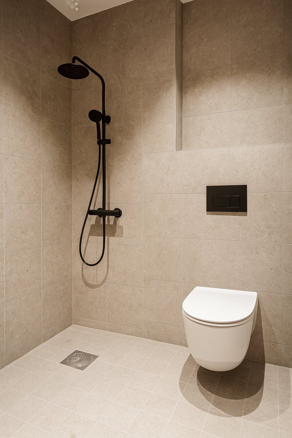 Elegant och modernt badrum med exklusiva materialval, dusch och vägghängd WC. En lyxig och funktionell detalj i lokalen.