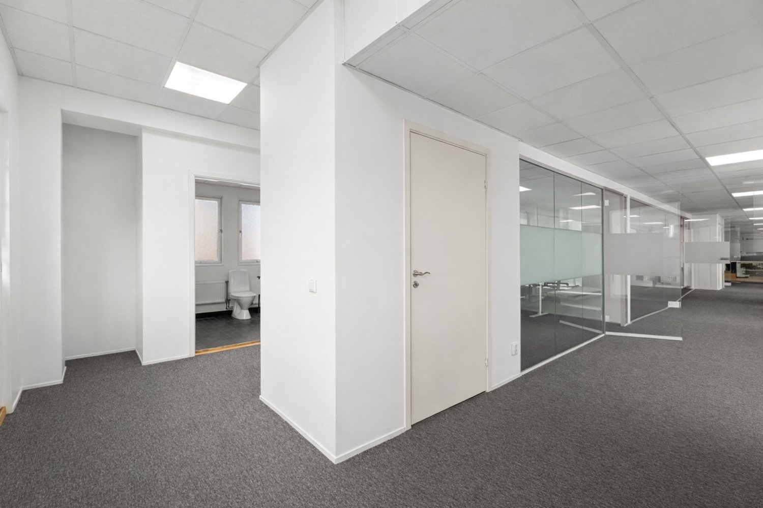 Representativ korridor med glasade kontor och fint ljusinslapp