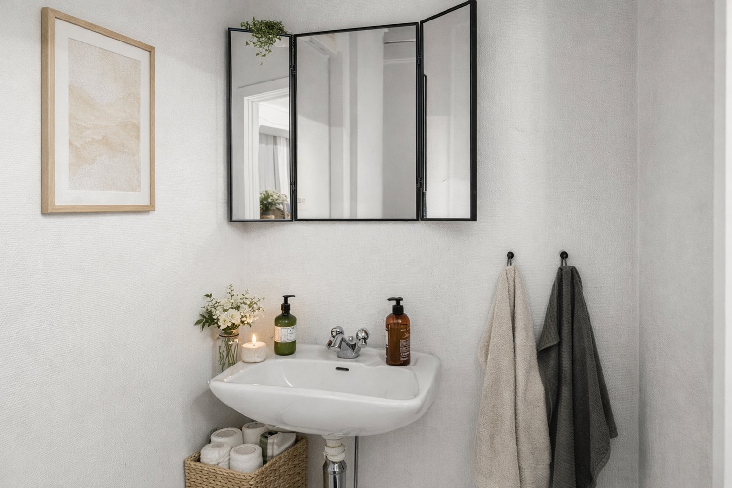 Praktiskt handfat med förvaring och goda arbetsmöjligheter