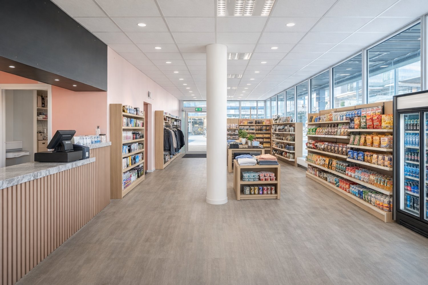 Lång fasad med stora skyltfönster och hög synlighet