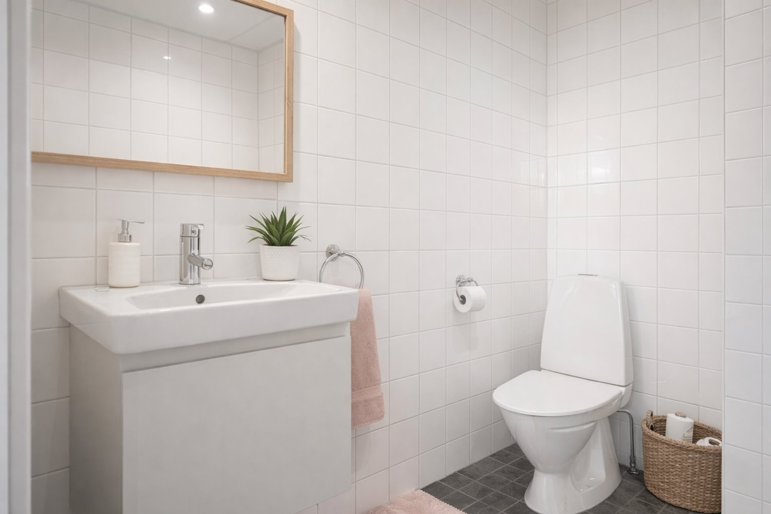 Fräsch och stilren toalett med moderna materialval som ger ett professionellt och välskött helhetsintryck.