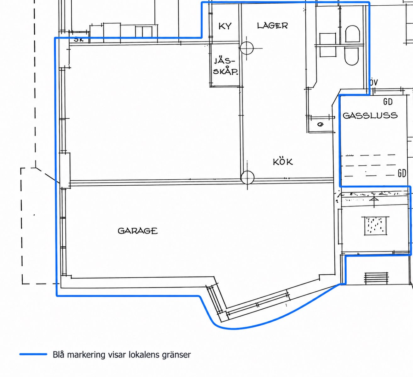 Planritning – lokal om 48 kvm med möjlighet att hyra garage, lager om cirka 21 kvm