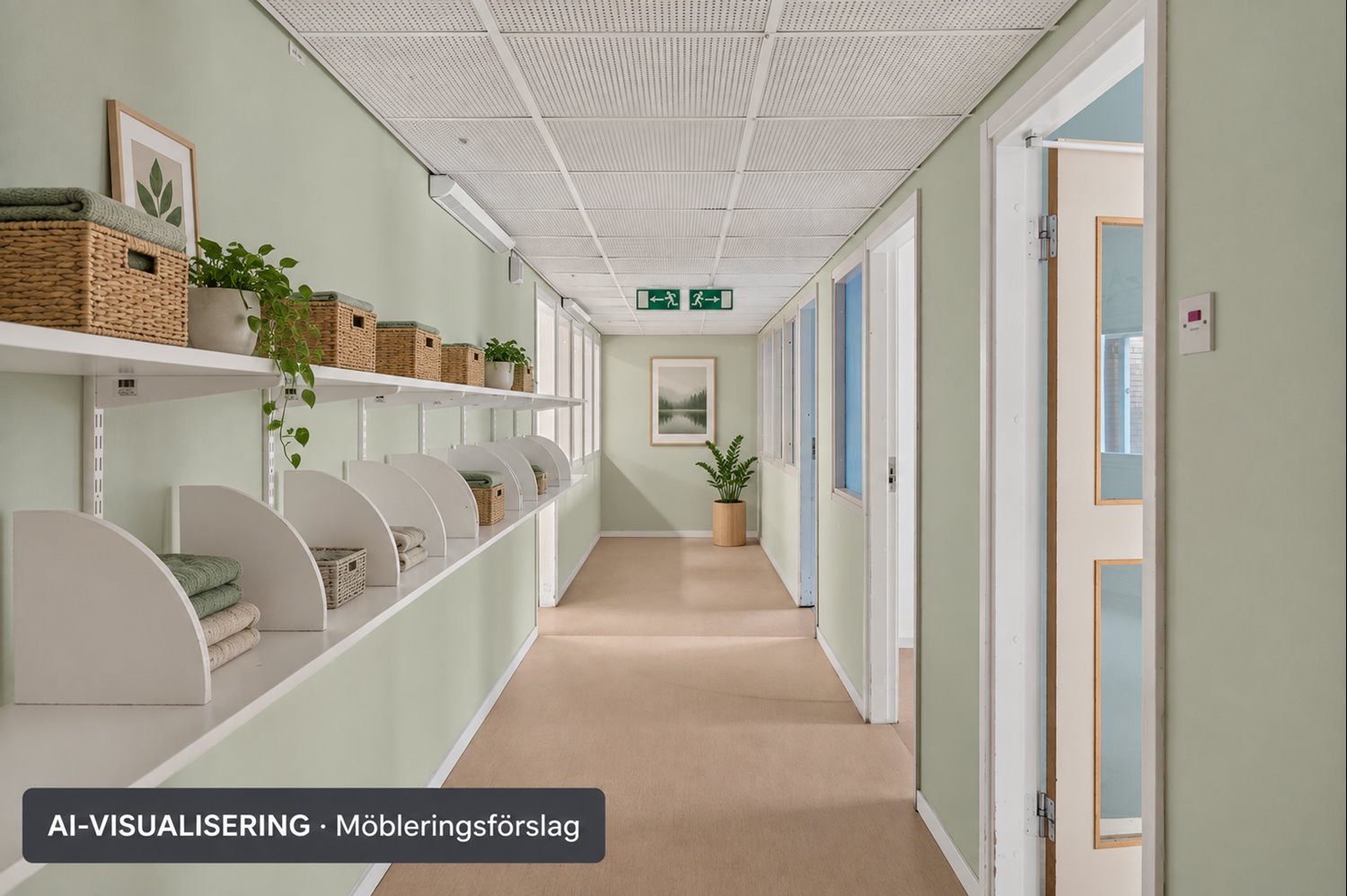 Ljus kapprumspassage med ordnad förvaring - Visualisering med AI