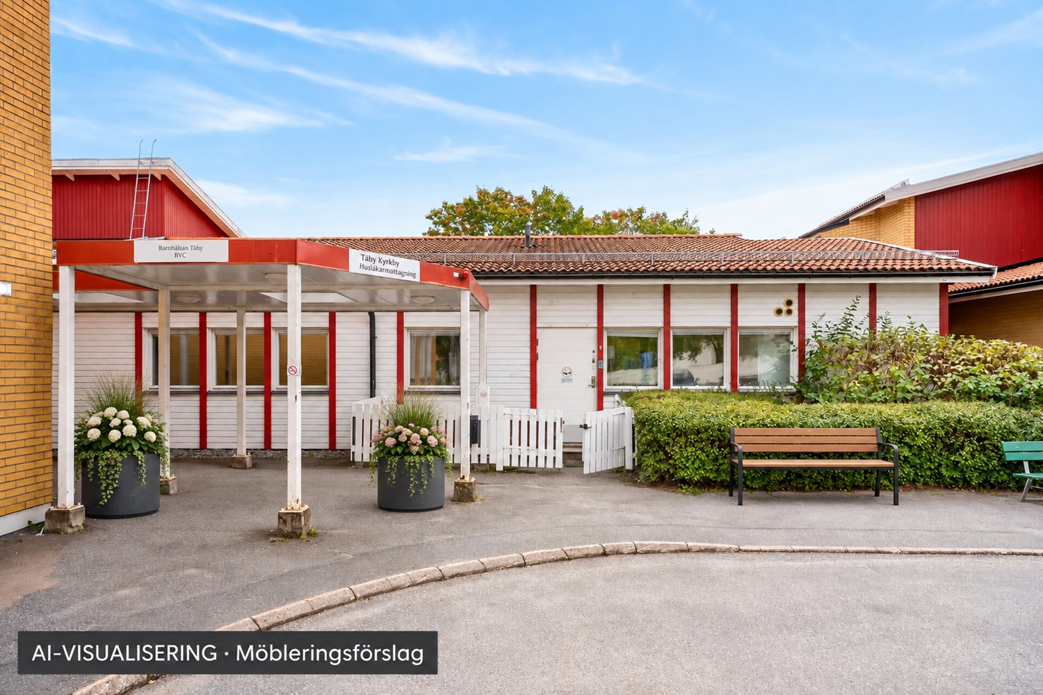 Välkomnande entré med taköverbyggnad - Visualisering med AI