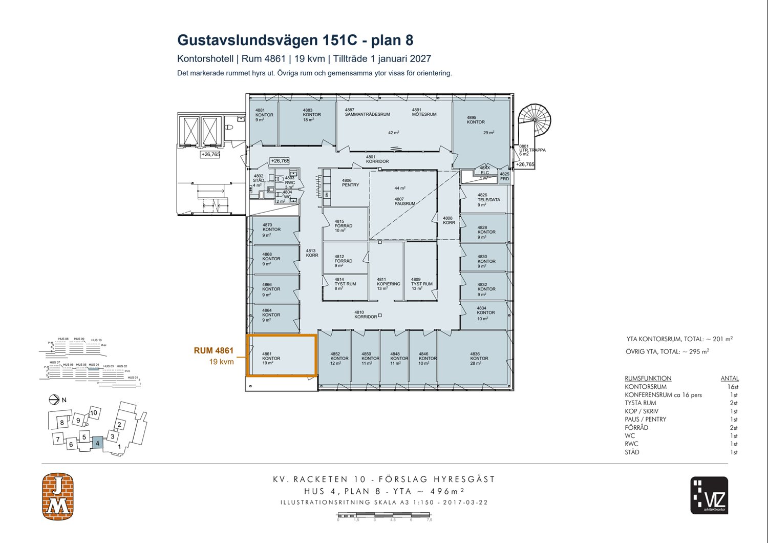 Planritning – rum 4861, 19 kvm, markerat på plan 8